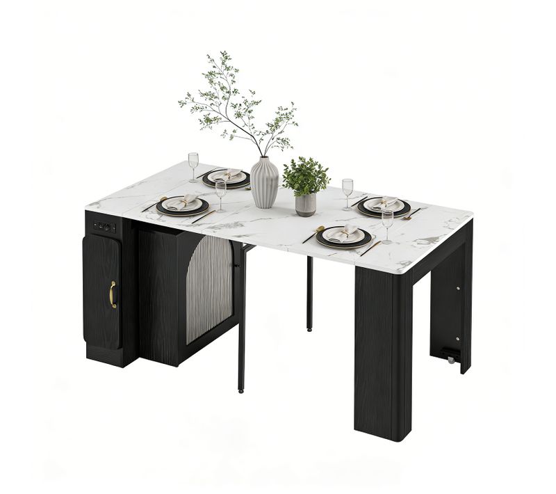 Table à Manger Extensible Ilot Central De Cuisine Avec Station De Charge Et Ports USB, Noir Et Blanc