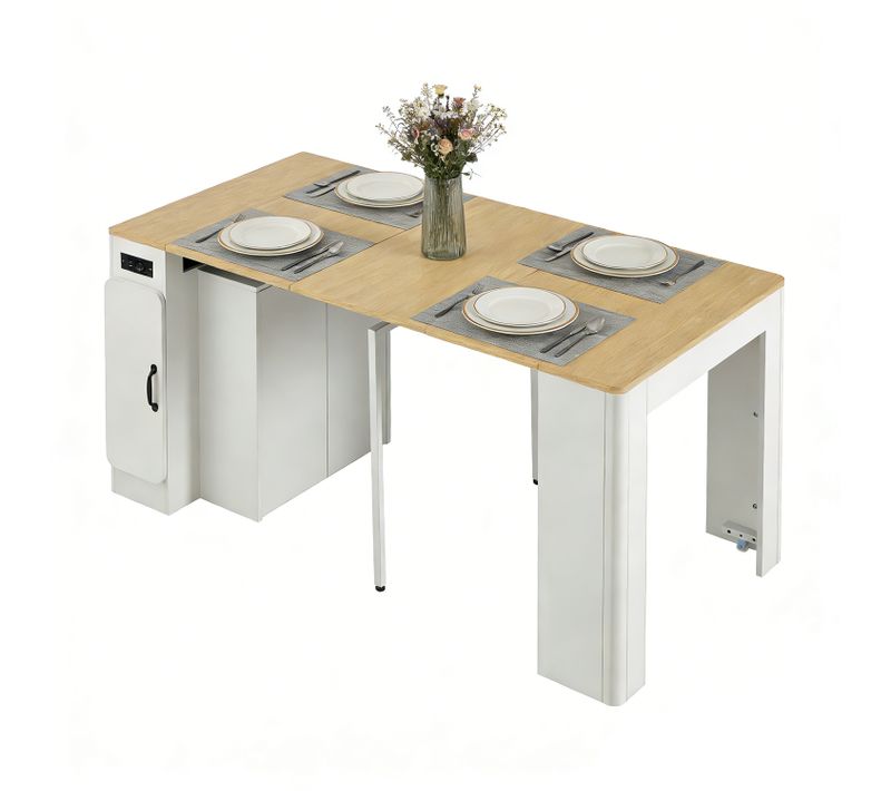 Table à Manger Extensible Ilot Central Avec Station De Charge Et Ports USB, Blanc Et Chêne