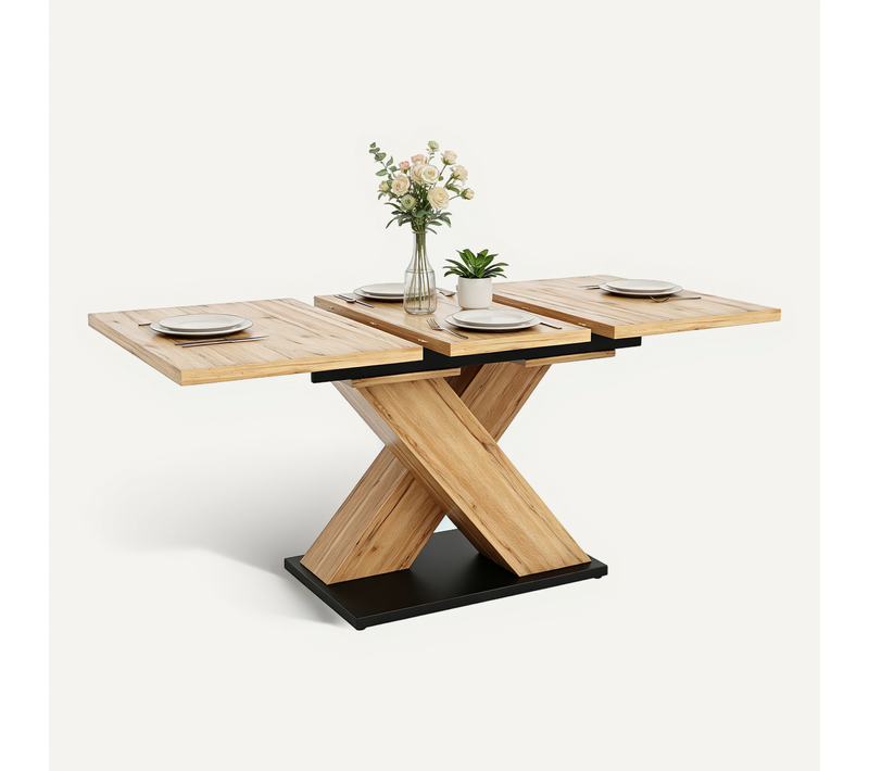 Table à Manger Extensible Pied Central Croisé, 119-158x80x75cm, Chêne Et Noir