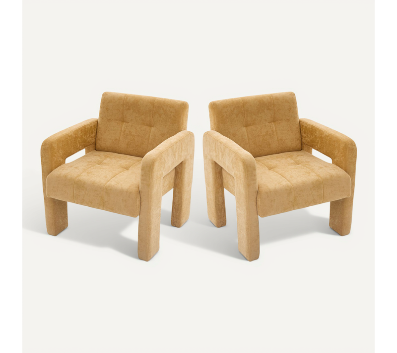 Lot De 2 Fauteuil De Salon Scandinave, Avec Accoudoirs Et Assise Épais, En Tissu Chenille, Jaune