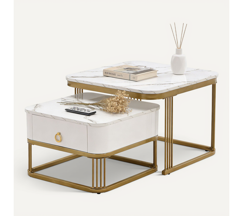 Lot De 2 Table Basse Effet Marbré, Tables Gigognes En Bois D'ingénierie, Blanc + Doré
