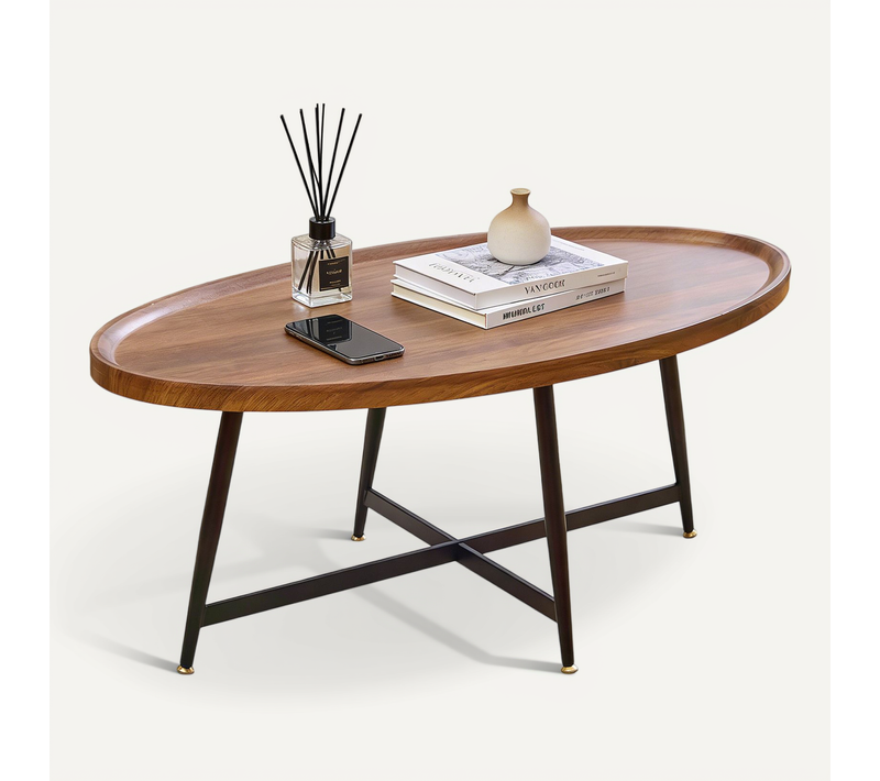 Table Basse De Salon Ovale, Structure En Métal, Marron