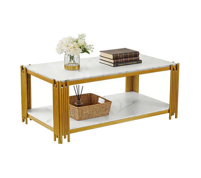 Table Basse De Salon à 2 Niveaux Effet Marbré, En Bois D'ingénierie, Blanc + Doré