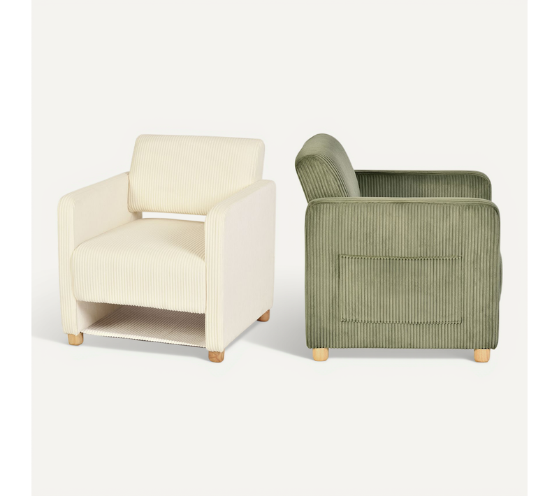 Lot De 2 Fauteuil Avec Accoudoirs, En Velours Côtelé, Pieds En Bois Massif, Beige + Vert