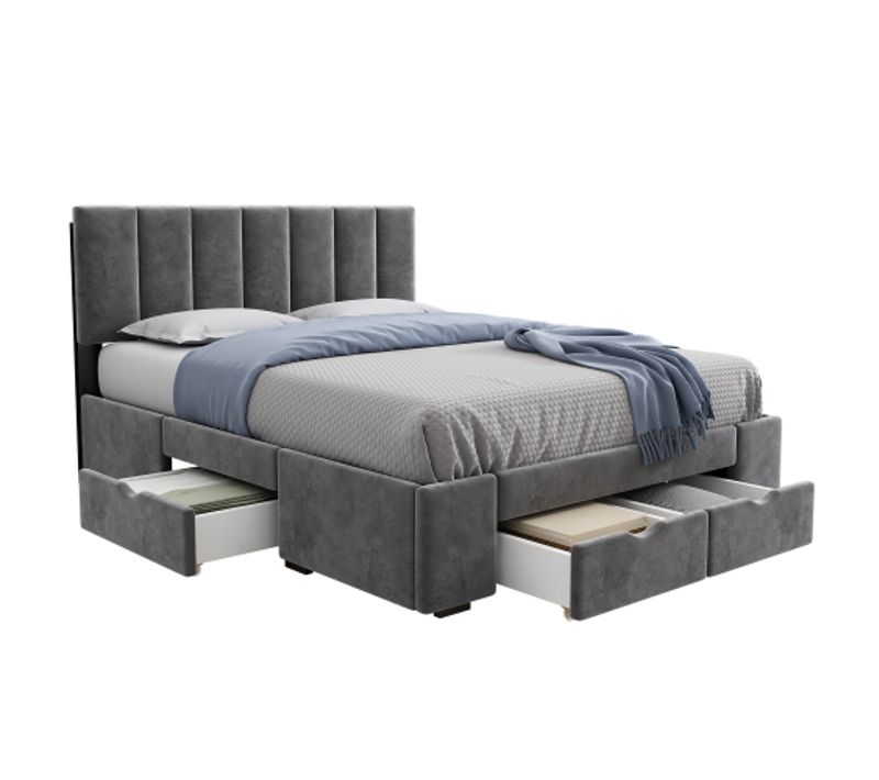 Lit Double Capitonné 140x200 Cm, Lit Adulte Avec 4 Tiroirs à Roulettes, Velours, Gris