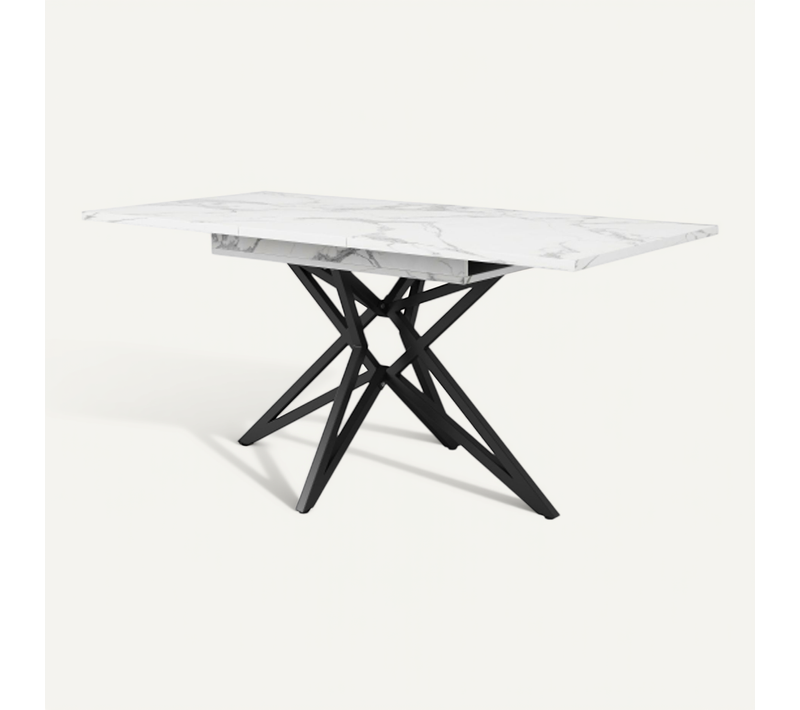 Table à Manger Extensible - Mdf Et Métal - Blanc Effet Marbre - 120-160x80x66.1 Cm