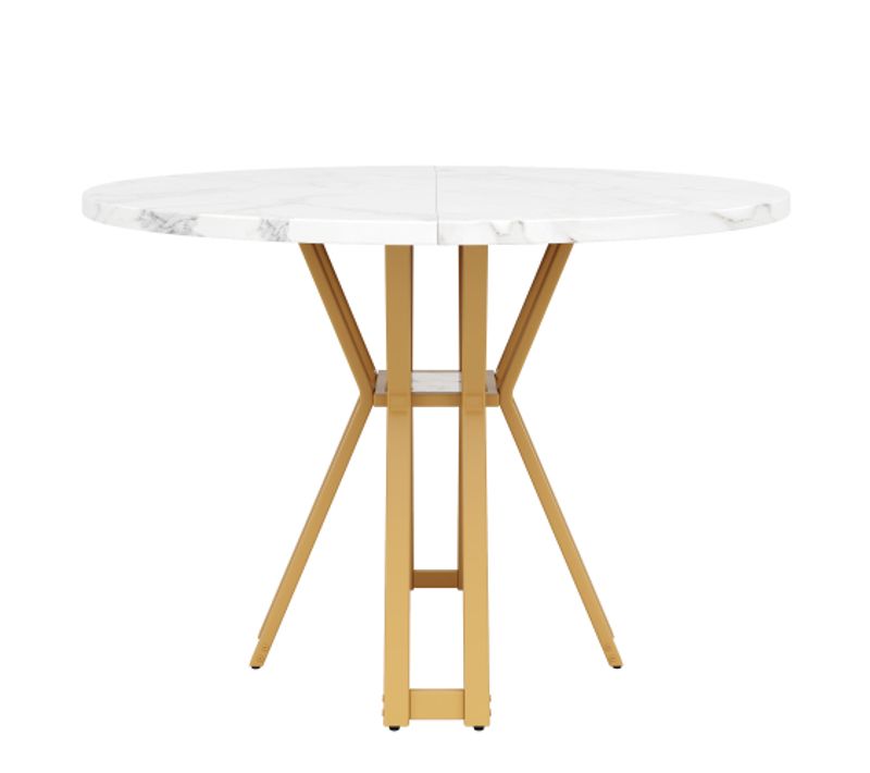 Table De Repas Ronde - Mdf Et Métal - Blanc Marbré Et Doré - 100x100x76 Cm