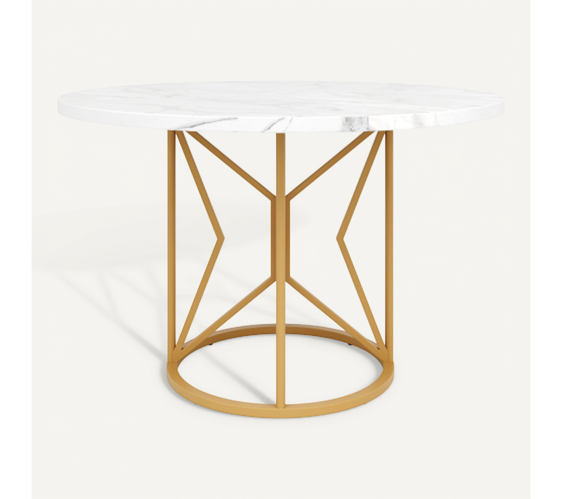 Table De Repas Ronde - Mdf Et Métal - Blanc Marbré Et Doré - 100x100x76 Cm