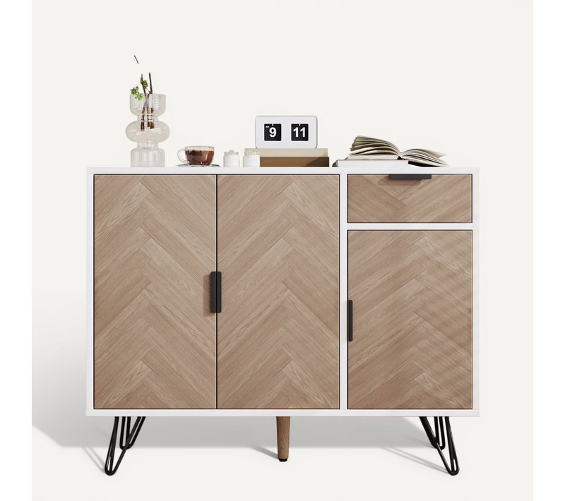 Buffet En Mdf Et Pb - Blanc Et Bois - 90 X 30 X 71.5 Cm