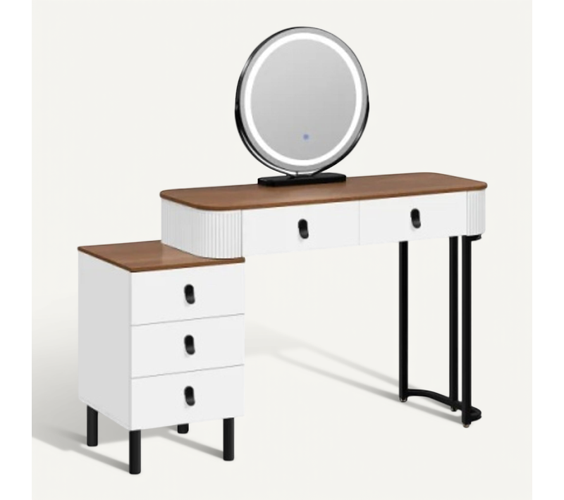 Coiffeuse Avec Miroir LED Et 5 Tiroirs - Bois Et Métal - Marron Et Blanc - 100 X 40 X 125 Cm