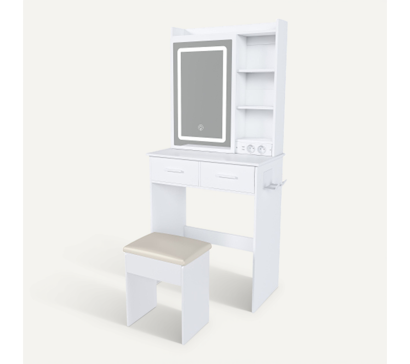 Table De Maquillage En Mdf Avec Miroir LED Et Prise - Blanc - 60x36x136 Cm