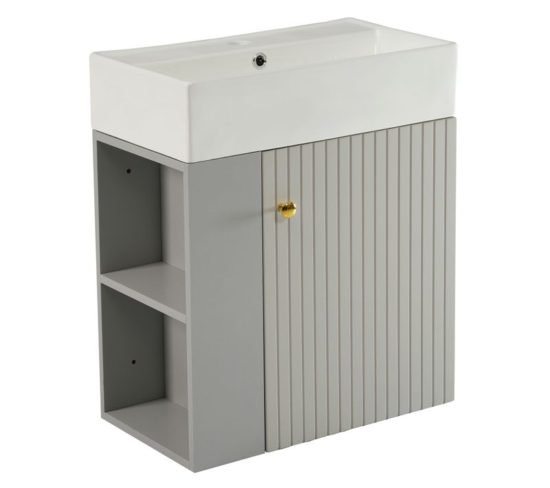 Meuble Sous-vasque Suspendu En Bois Et Céramique - Gris Et Blanc - 55x31x66,5 Cm