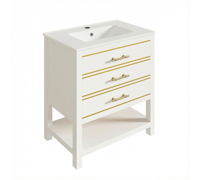 Meuble Sous-vasque à Poser En Mdf Et Céramique - Blanc Et Doré - 76x46,5x86 Cm