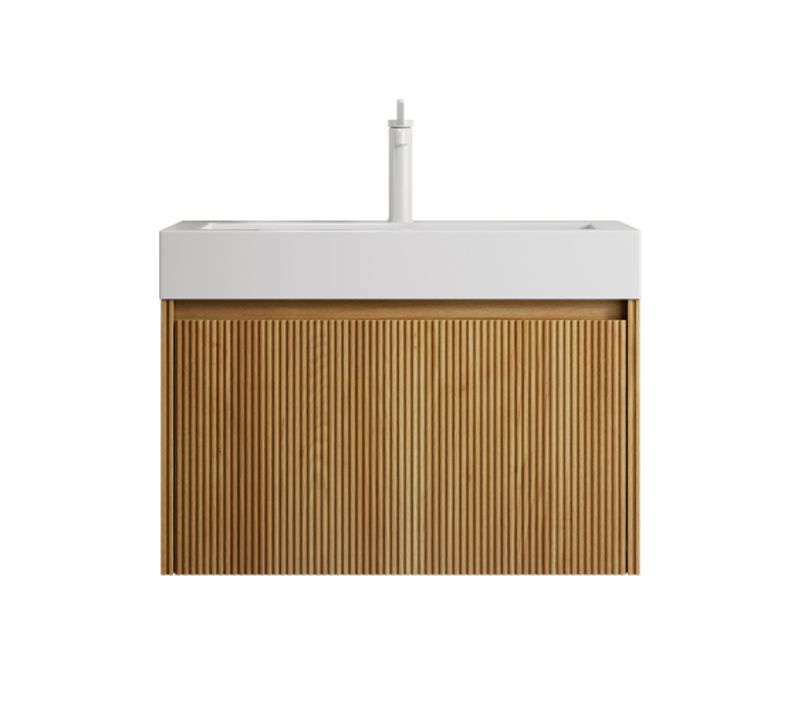 Meuble Sous-vasque Suspendu - Résine Et Bois - Bois Naturel Et Blanc - 70x46x50 Cm