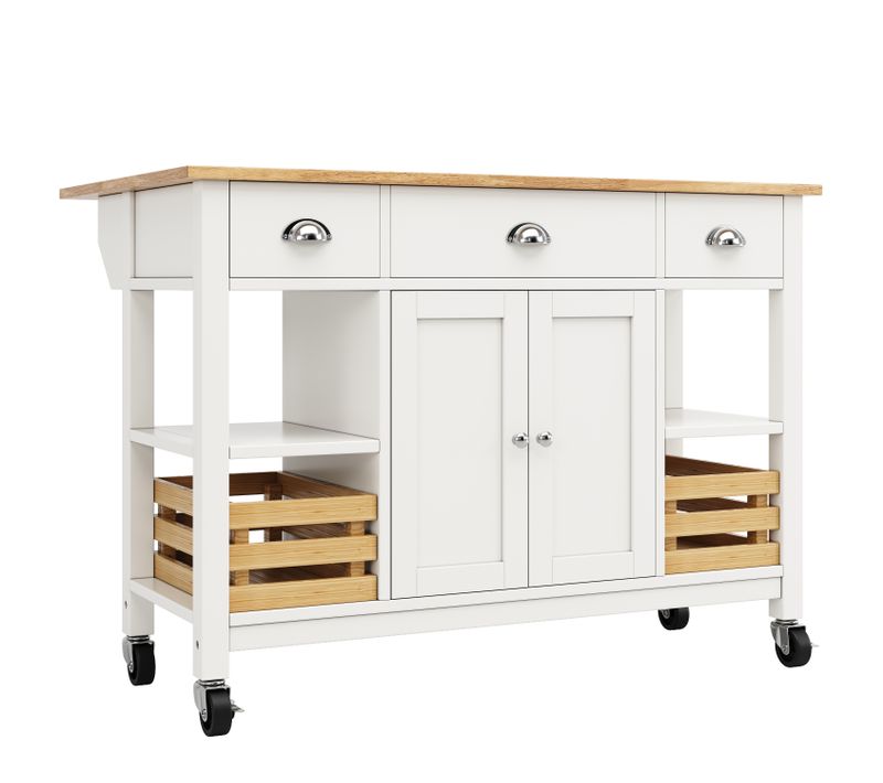Ilot De Cuisine Avec Plateau Rabattable - Mdf - Blanc Et Naturel - 120 X 73 X 90 Cm