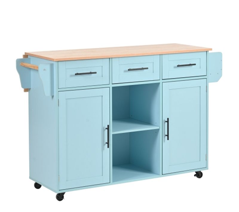Desserte De Cuisine En Mdf - Bleu Et Bois - 139x71x91,5 Cm