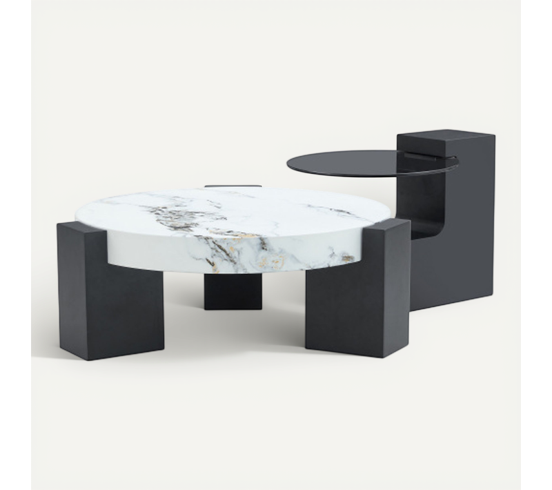 Lot De 2 Tables Basses Rondes - Mdf Et Verre - Blanc Et Noir - D.61x30 Cm + D.44x44 Cm