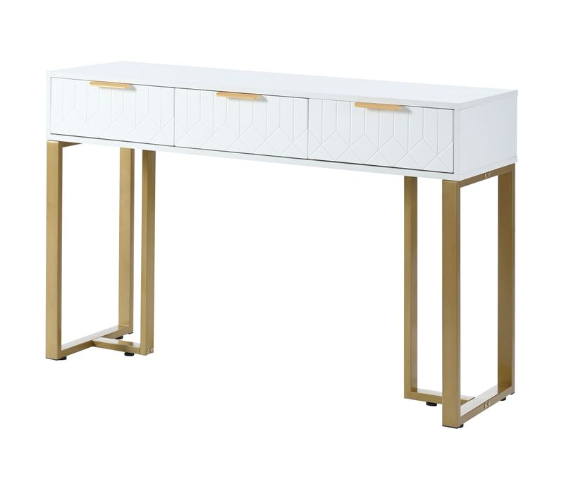 Console Moderne Avec Tiroirs - Mdf Et Métal - Blanc Et Doré - 120x36x80 Cm