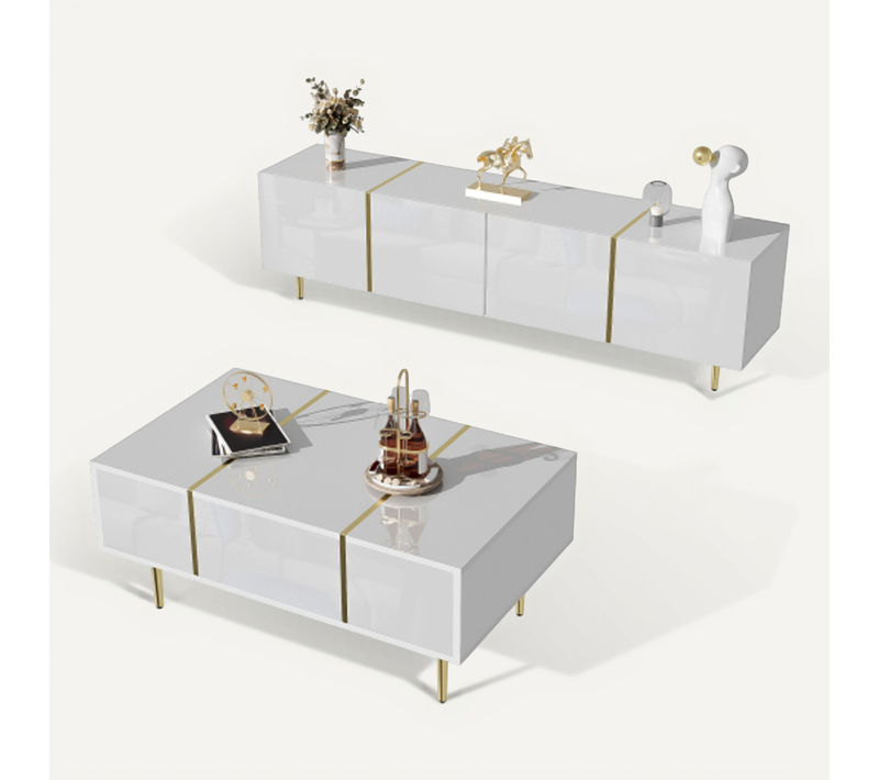 Ensemble Meuble TV Et Table Basse - Mdf Blanc Laqué - 170x35x46 Cm Et 100x60x41,5 Cm