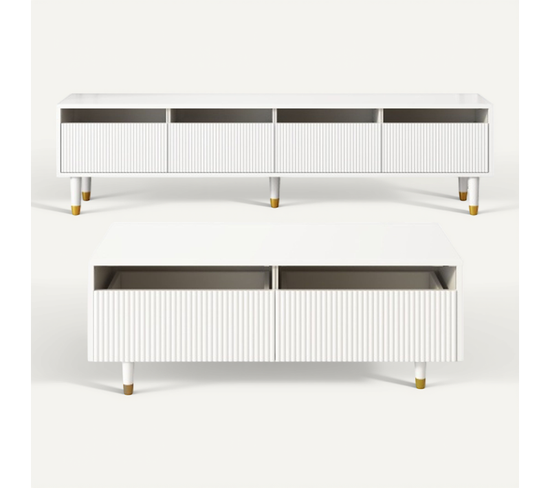 Ensemble Meuble TV Et Table Basse - Mdf Et Acrylique - Blanc Et Doré