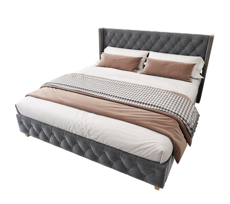 Lit Rembourré Adulte 140x190 Cm Rembourrage à Rivets, Pieds En Bois, Velours, Gris