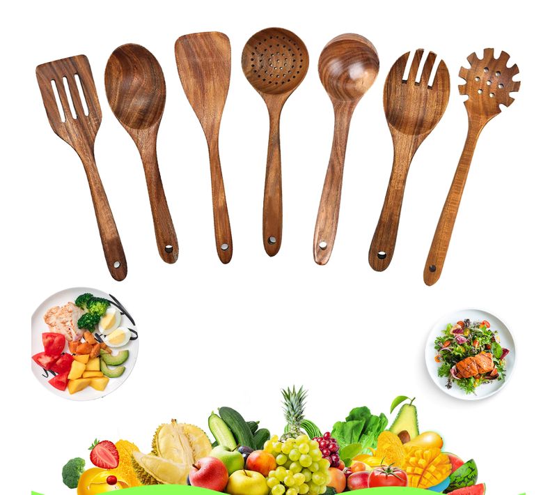 Lot De 7 Ustensiles De Cuisine En Bois, Antiadhésives Et Inodores, Surface Polie, Couleur Bois
