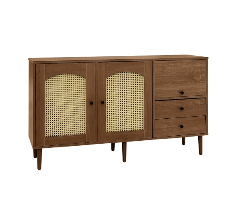 Buffet Vintage Effet Bois Avec Portes En Rotin 2 Portes 2 Tiroirs 130x75,5x40cm Crolzoi