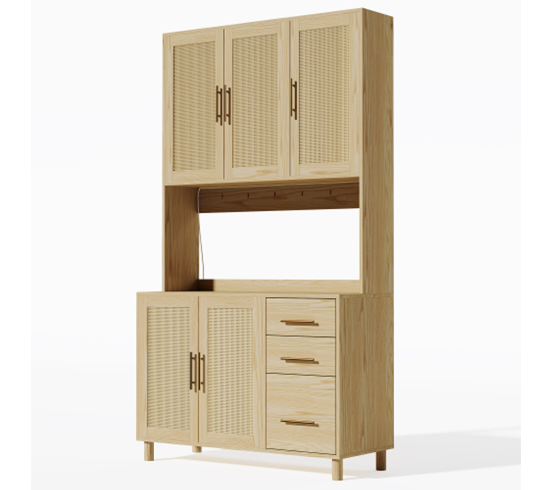 Vitrine Haute En Effet Bois Et Rotin, Éclairage LED, Prises Intégrées Bruqeids Wood