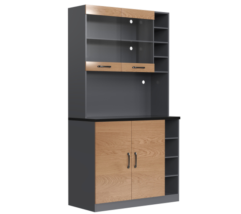 Vitrine Haute Noir Et Effet Bois, Éclairage LED Et Portes Vitrées Rihlaih