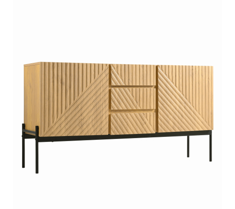 Buffet Moderne Effet Bois Naturel Avec Portes Sculptées Et Piétement Métallique Tregrains