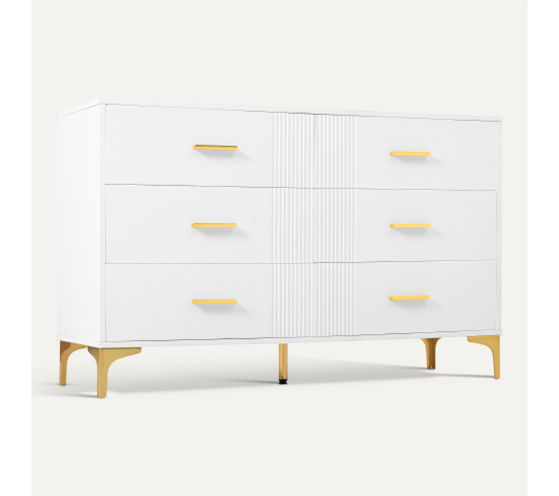 Commode Blanche Élégante à 6 Tiroirs Motif Ondulé Accents Dorées Braxuins