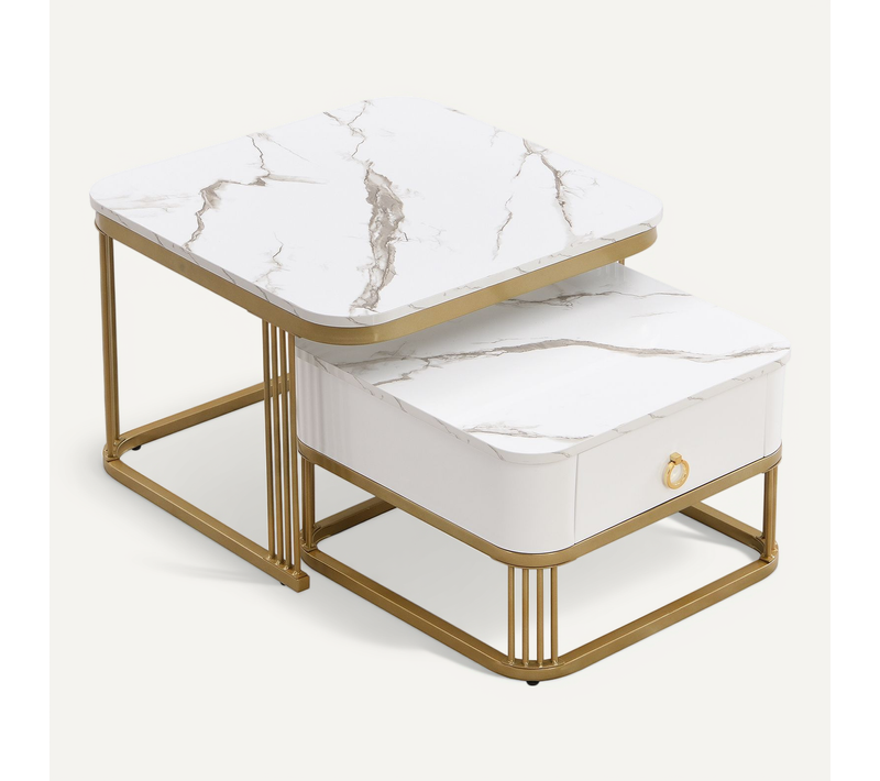 Ensemble De 2 Tables Basses Gigognes Carrées Effet Marbre Blanc Avec Tiroir Pieds Dorés Shugok White
