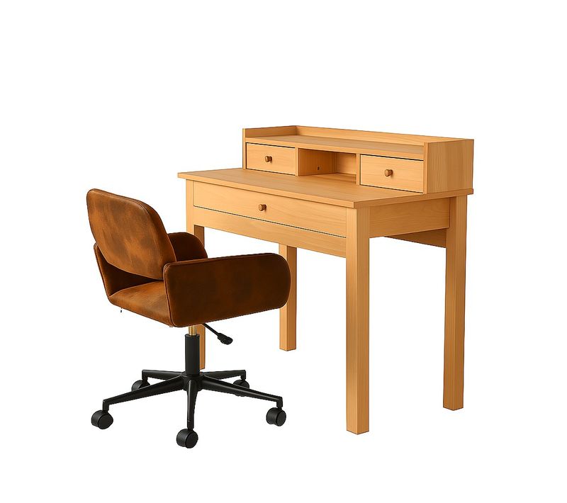 Ensemble Bureau Scandinave Bois Clair Avec Rangements Et Fauteuil De Bureau Vintage Suede Marron