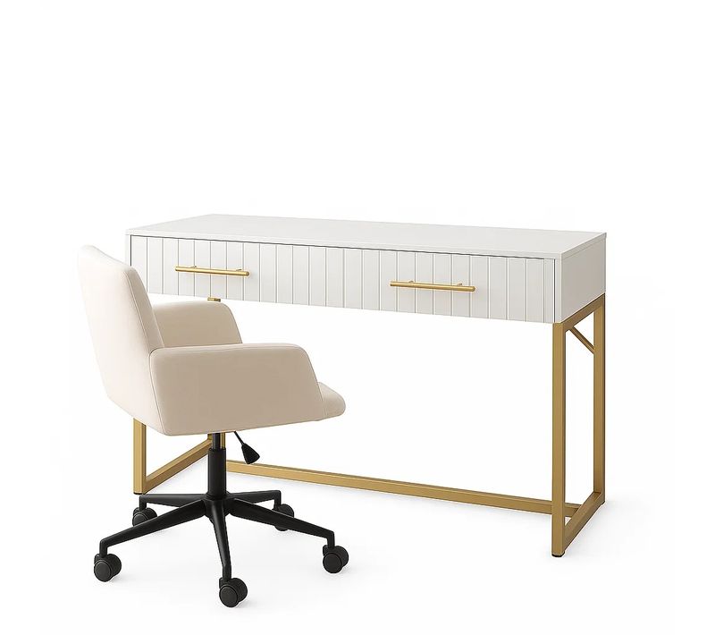 Ensemble Coiffeuse Minimaliste Blanc 90×40×64 Cm + Chaise Scandinave Beige Pivotante