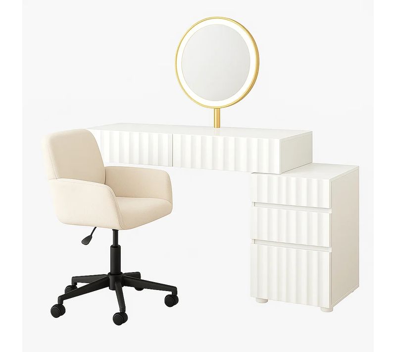Ensemble Coiffeuse Blanche LED 100×40×127cm + Chaise Scandinave Beige Pivotante