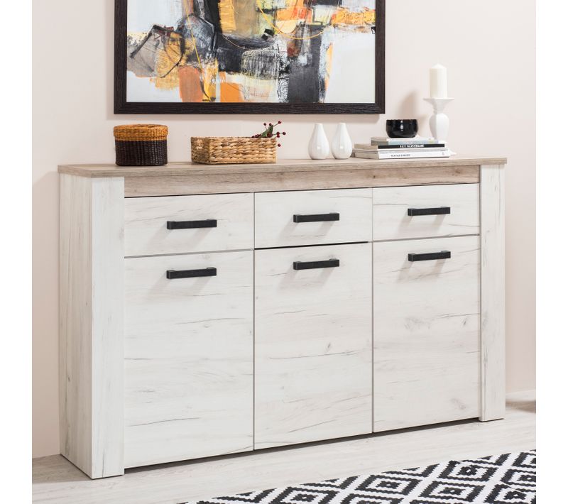 Commode 3 portes 3 tiroirs KENT chêne blanchi