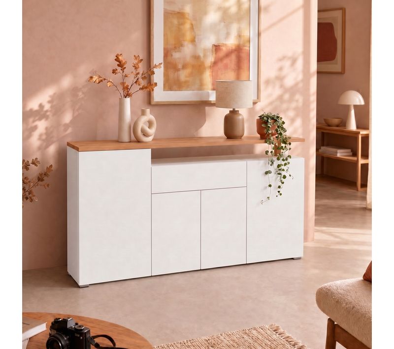 Buffet 4 portes ADRIANA imitation chêne et blanc