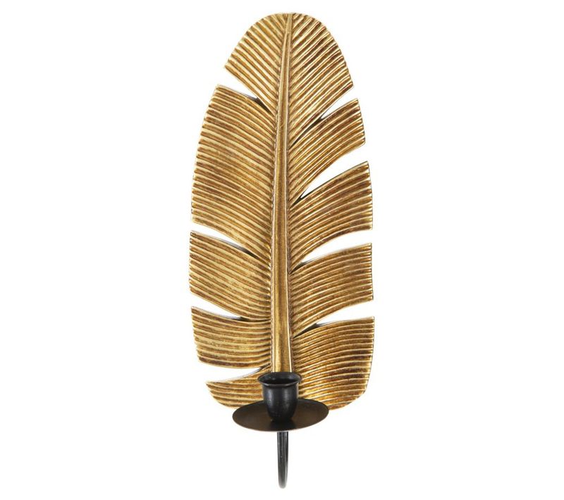 Bougeoir Feuille 2, Polyrésine, Or, 12,8x8,9x31,2 Cm