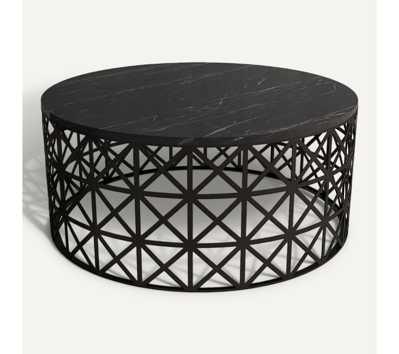 Table Basse Ovale Ellipticum Support Grille Ajouré Bois Marbre Noir Et Métal Noir