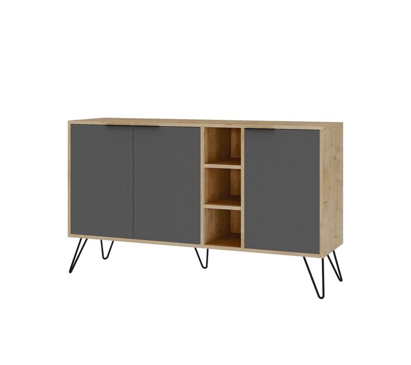 Buffet Bas 3 Portes Et 3 Étagères Ginda 142cm Bois Anthracite Et Moka Et Métal Noir