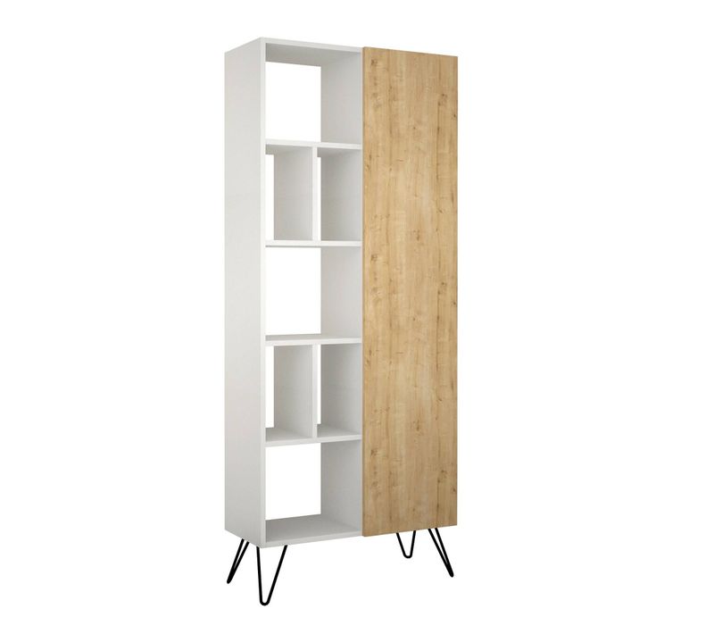 Bibliothèque 1 Porte Et 5 Étagère Niseus H190cm Bois Blanc Et Chêne Et Métal Noir