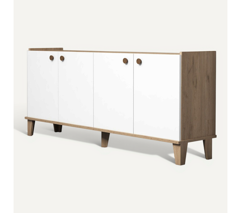 Buffet Bas 4 Portes Niden 180cm Bois Blanc Et Chêne Clair