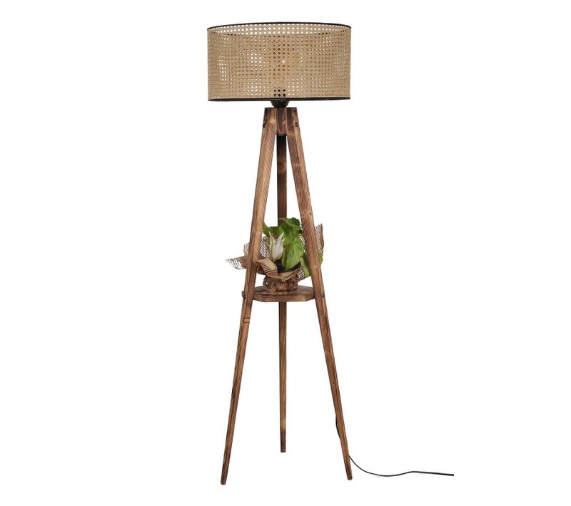 Lampadaire Trépied Lunctura 153cm Bois Naturel Et Tissu Cannage Brun