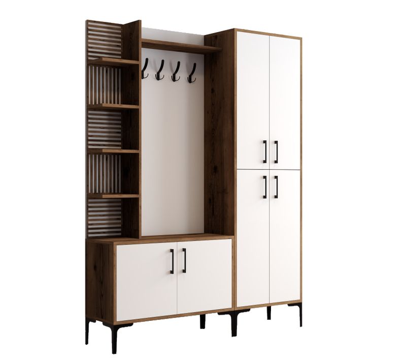 Meuble D'entrée En Bois "viyana Da" - 35 X 60 X 200 Cm - Noyer, Blanc