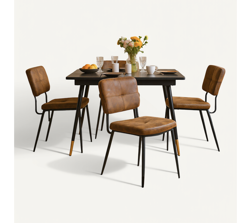 Ensemble Table Extensible Noire Pieds Or + 4 Chaises Suédine