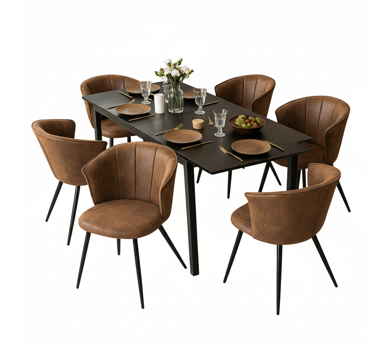 Ensemble Table Extensible Noire + 6 Chaises Coquille Suédine
