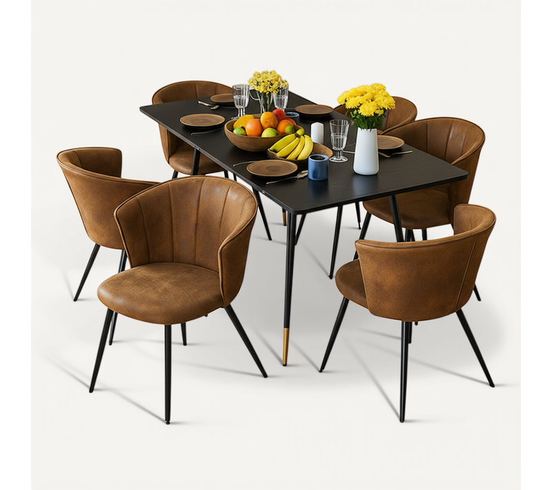 Ensemble Table Extensible Noire Pieds Or + 6 Chaises Coquille Suédine
