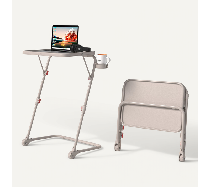 Petit Bureau Pliant Hauteur Réglable Portable Sans Assemblage Requis Plateau Inclinable, Beige
