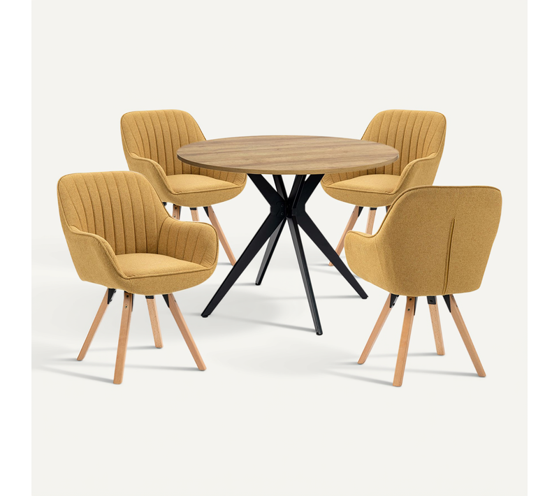 Table Salle à Manger Avec 4 Chaises, Ensemble De 5 Meubles, Bois Clair + Jaune