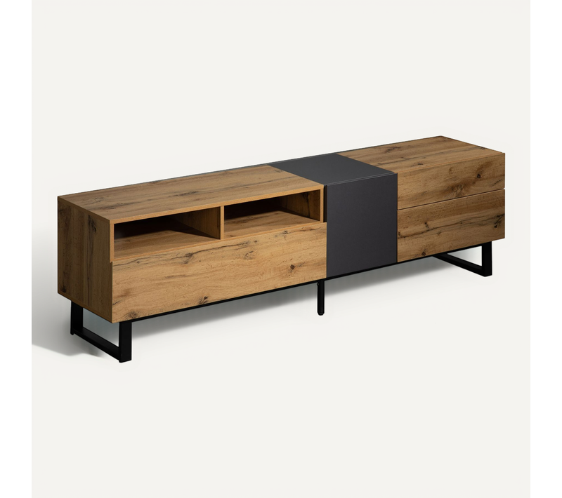 Meuble TV Avec 2 Tiroirs Et 1 Porte Et Espaces De Rangement, 180x50x38cm